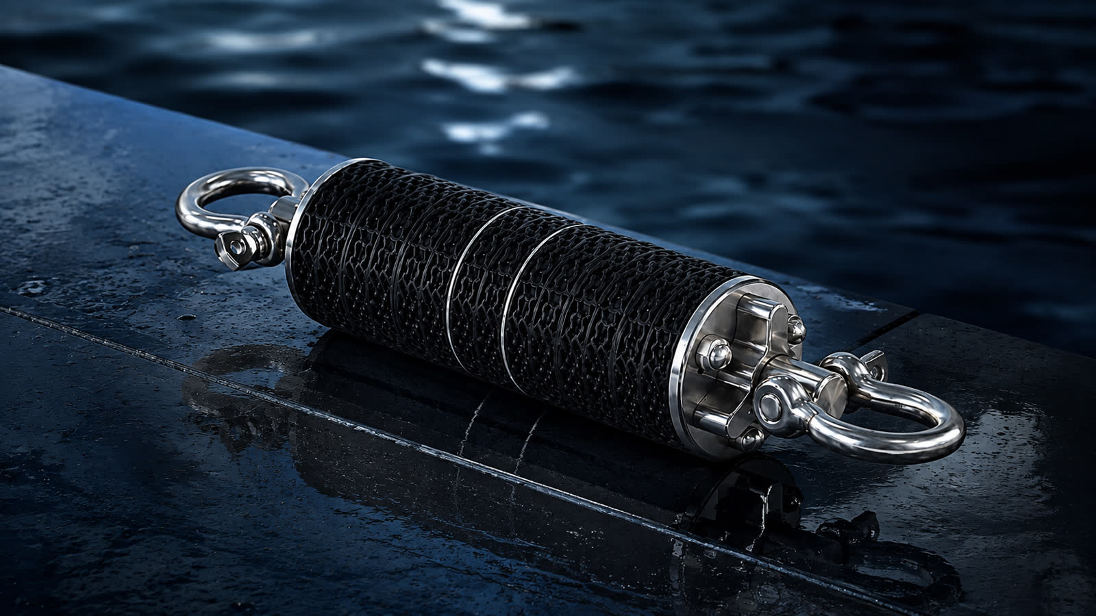 3Damper su superficie nautica scura con acqua sullo sfondo